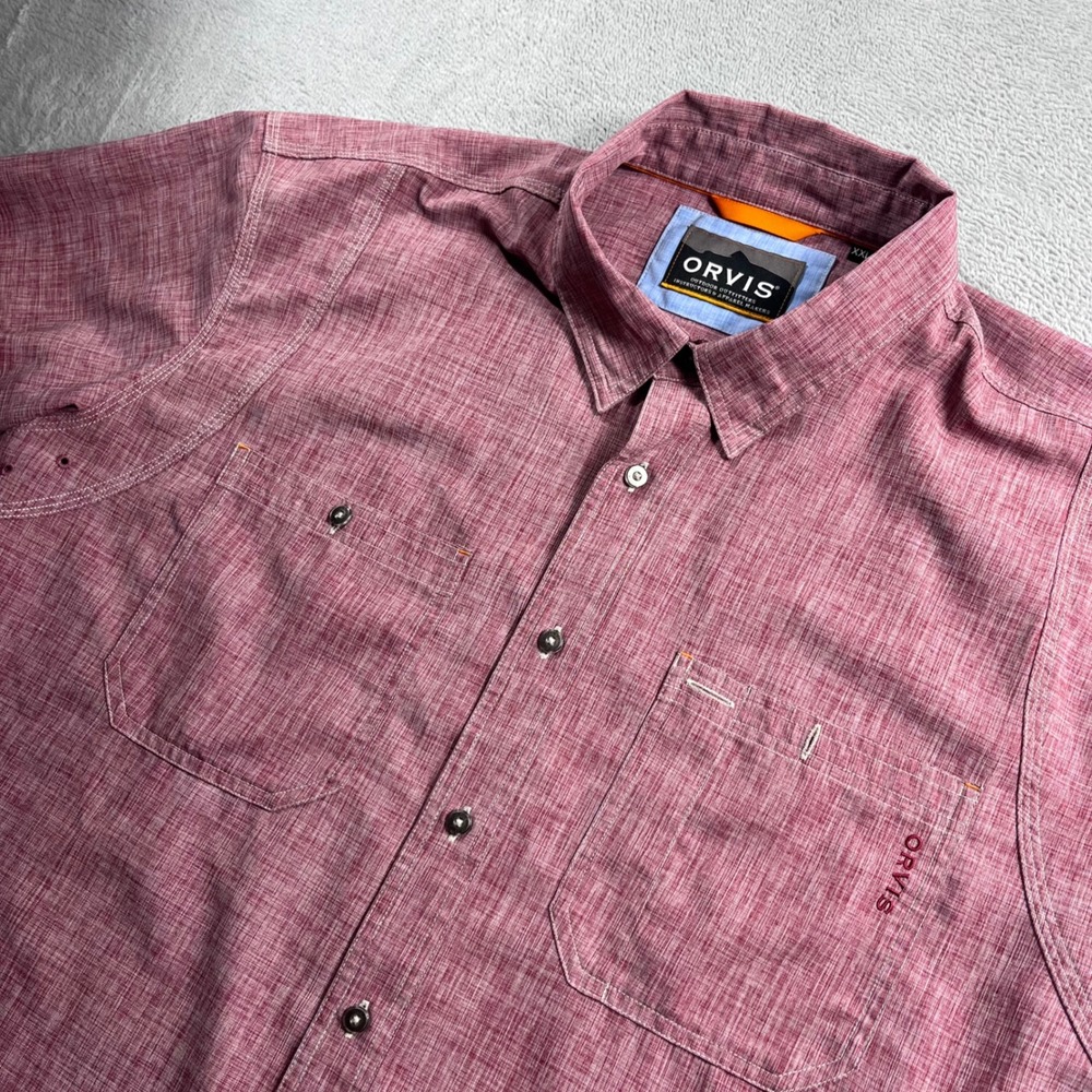 Orvis Mens XXL Tech Chambray Short Sleeve Button Down Shirt Red Active Fit